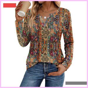 Long Sleeve V-Neck Pleated Tunic Blouse Loose Fit Fall Fashion
